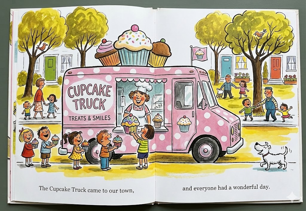 Colorful illustrated cupcake truck serving families